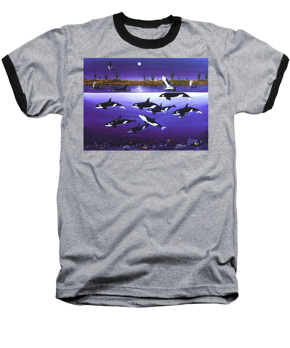 Orcas Baseball T-Shirt featuring the painting A Pod Of Desert Orcas by Lance Headlee