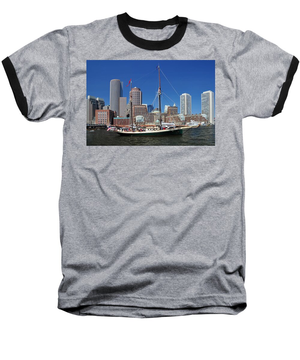 New England's Best Baseball T-Shirt featuring the photograph A Ship in Boston Harbor by Mitchell Grosky