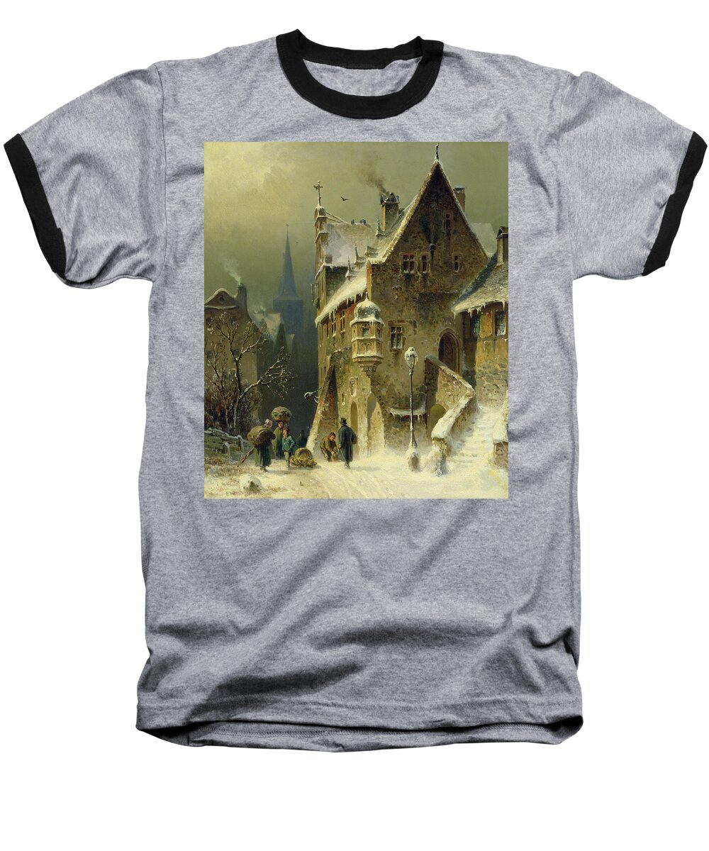 Schlieker Baseball T-Shirt featuring the painting A Small Town in the Rhine by August Schlieker