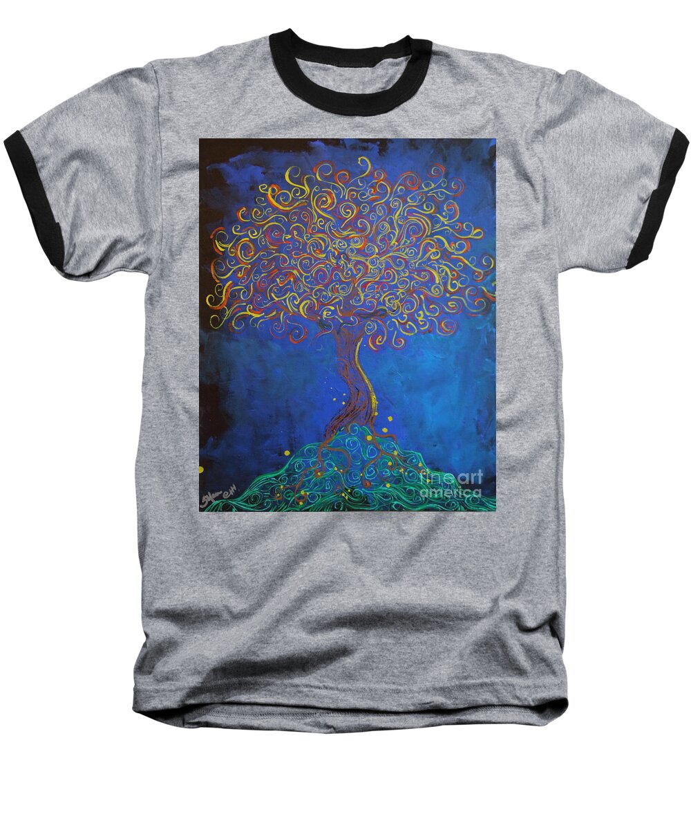 Fantasy Baseball T-Shirt featuring the painting A Tree Of Orbs Glows by Stefan Duncan