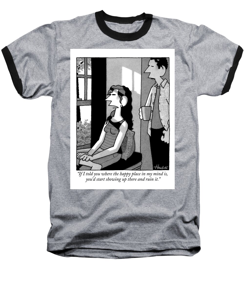 Meditation Baseball T-Shirt featuring the drawing A Woman Gazes Out Of A Window And Speaks by William Haefeli