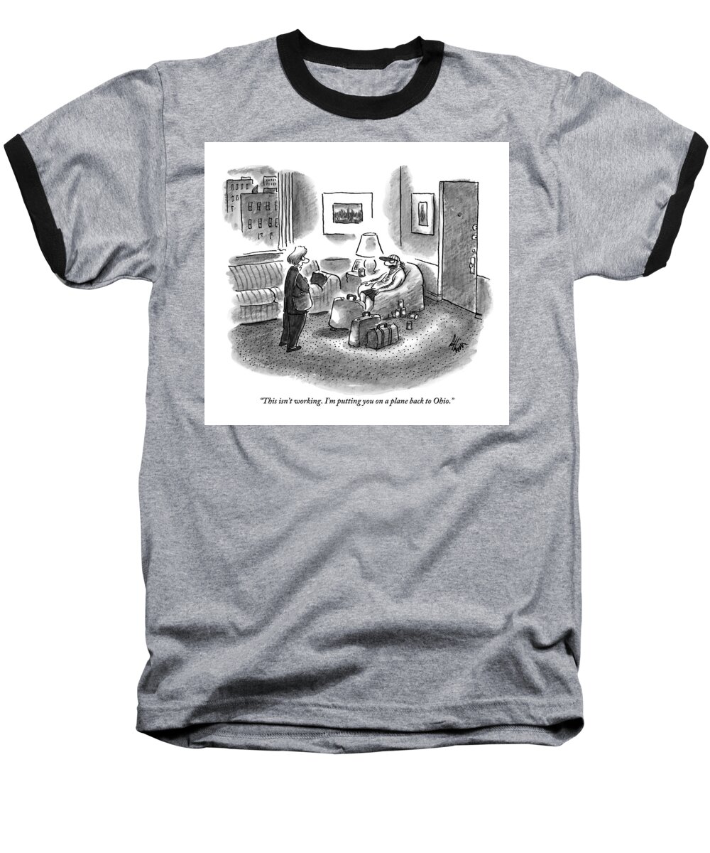 Husband Leaving Home Baseball T-Shirt featuring the drawing A Woman Is Seen Speaking With A Man Who Is Seated by Frank Cotham