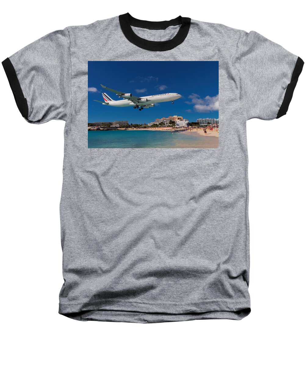 Air France Baseball T-Shirt featuring the photograph Air France at St. Maarten #1 by David Gleeson