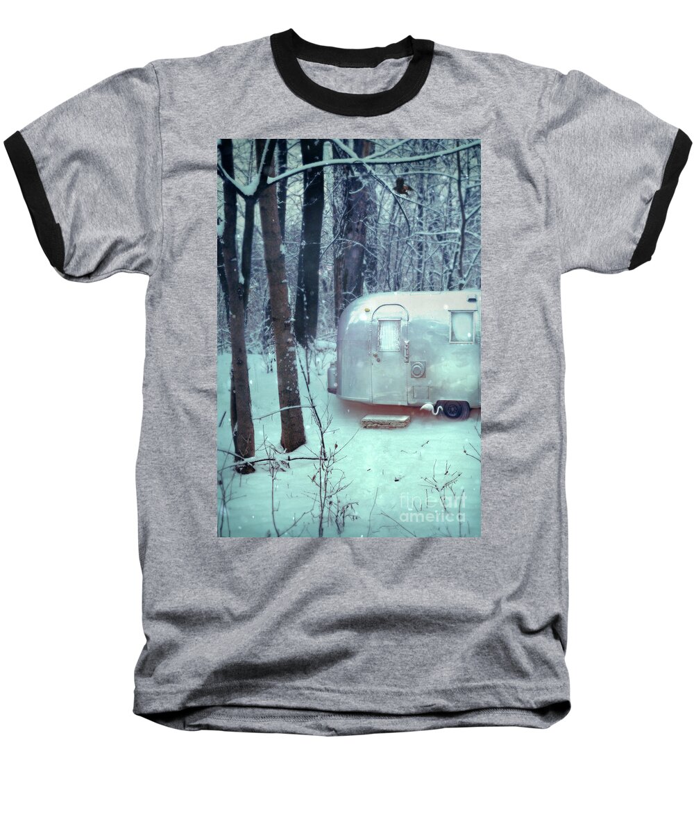 Trailer Baseball T-Shirt featuring the photograph Airstream Trailer in Snowy Woods by Jill Battaglia