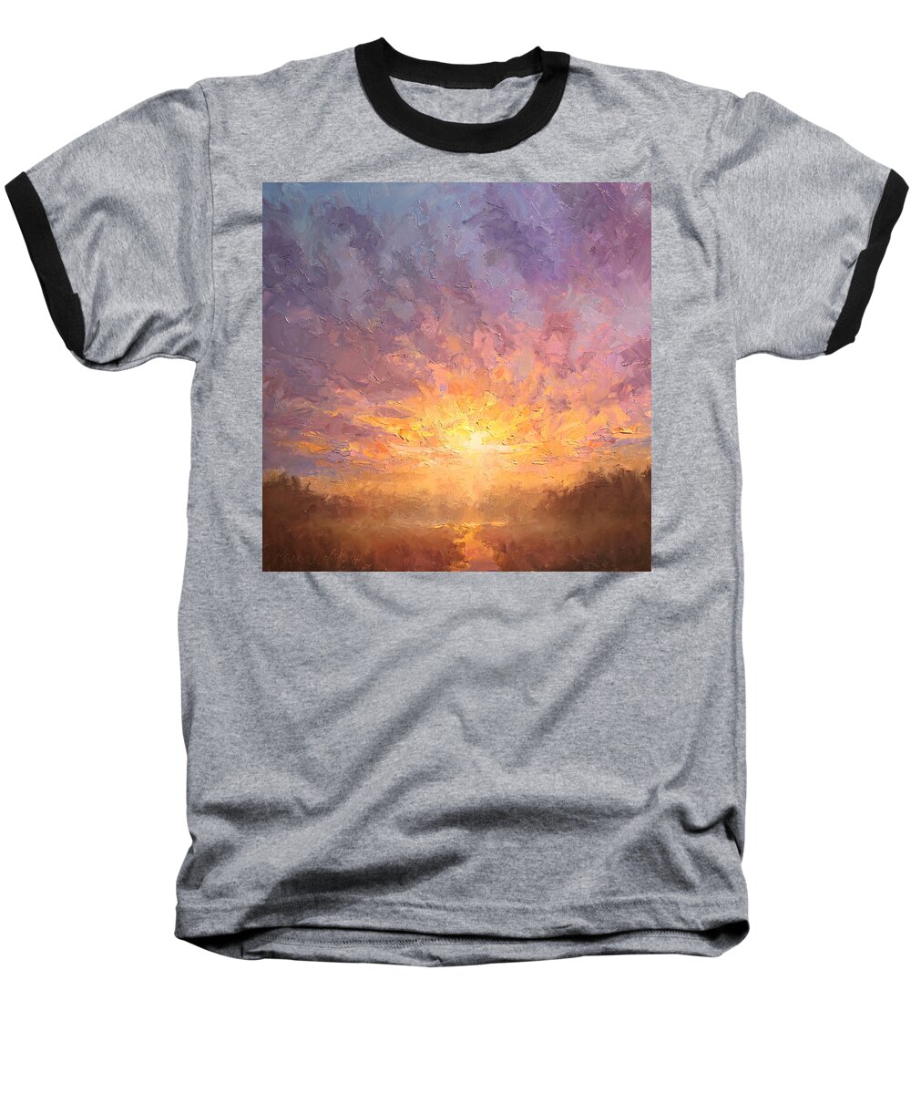 Sunrise Baseball T-Shirt featuring the painting Impressionistic Sunrise Landscape Painting by K Whitworth
