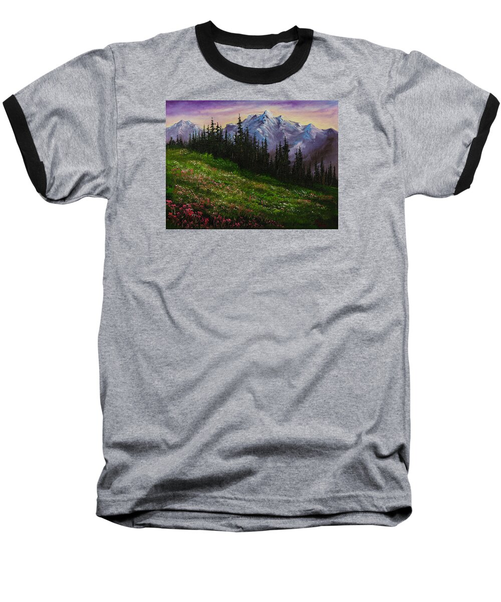 Landscape Baseball T-Shirt featuring the painting Alpine Meadow by Chris Steele