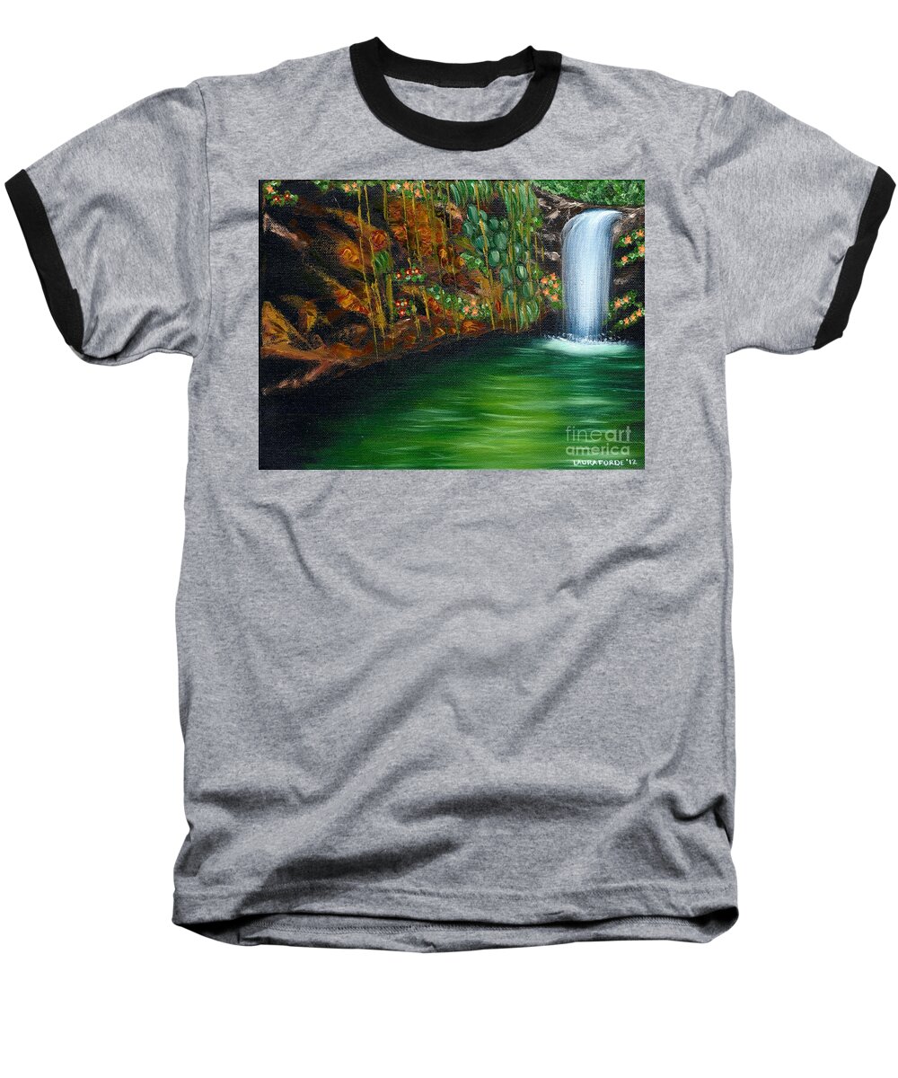 Annadale Waterfall Baseball T-Shirt featuring the painting Annadale Waterfall by Laura Forde