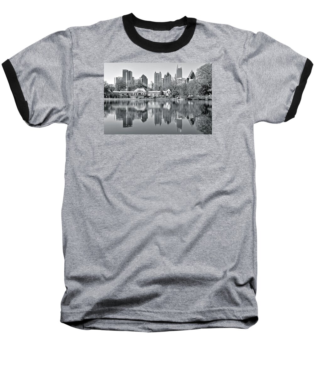 Atlanta Baseball T-Shirt featuring the photograph Atlanta Reflecting in Black and White by Frozen in Time Fine Art Photography