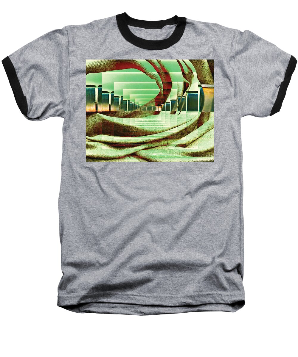 Abstract Rust Peach Green Blue Brown Horizontal Atrium Room Gallery Middle Future Futuristic Lines Curves Rectangles Slopes Public Architecture Modern Design Reflection Water Glass Interior Transparent Hallway Meeting Baseball T-Shirt featuring the digital art Atrium by Paula Ayers