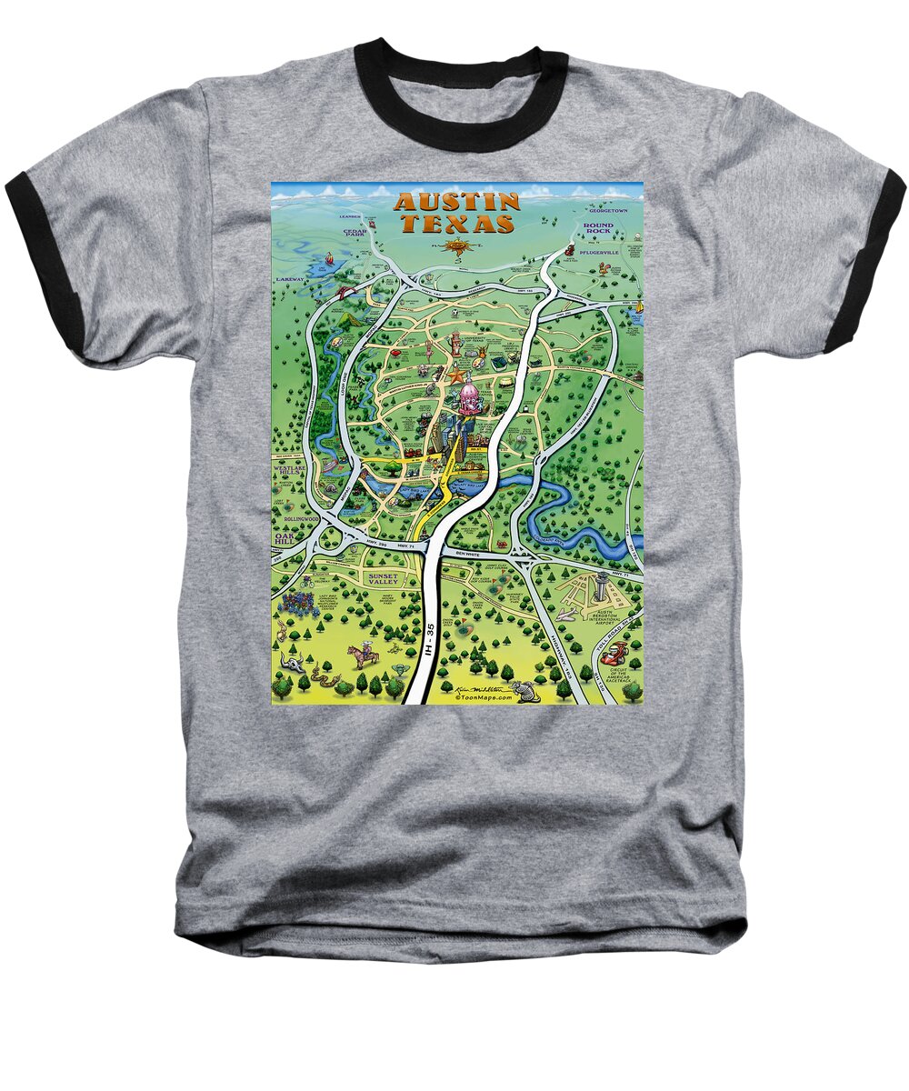 Austin Baseball T-Shirt featuring the digital art Austin TX Cartoon Map by Kevin Middleton