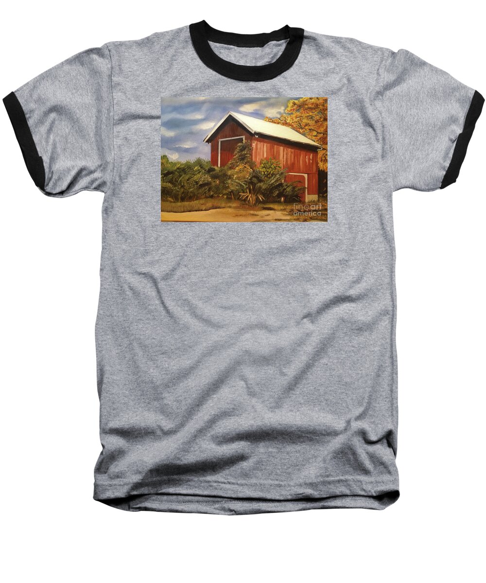 Autumn Orange Red Yellow Barn Ohio Barn Baseball T-Shirt featuring the painting Autumn - Barn - Ohio by Jan Dappen