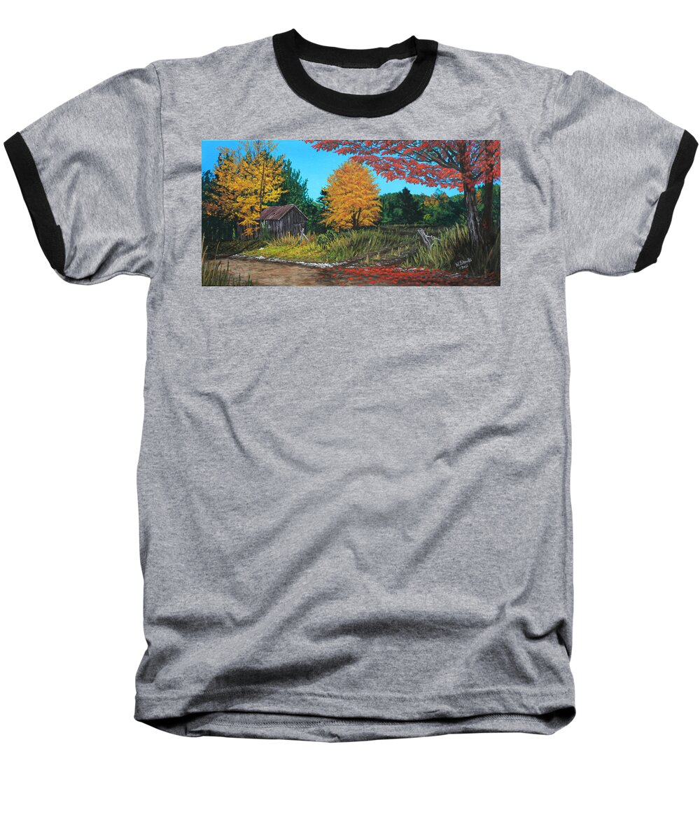 Landscape Baseball T-Shirt featuring the painting Autumns Rustic Path by Wendy Shoults