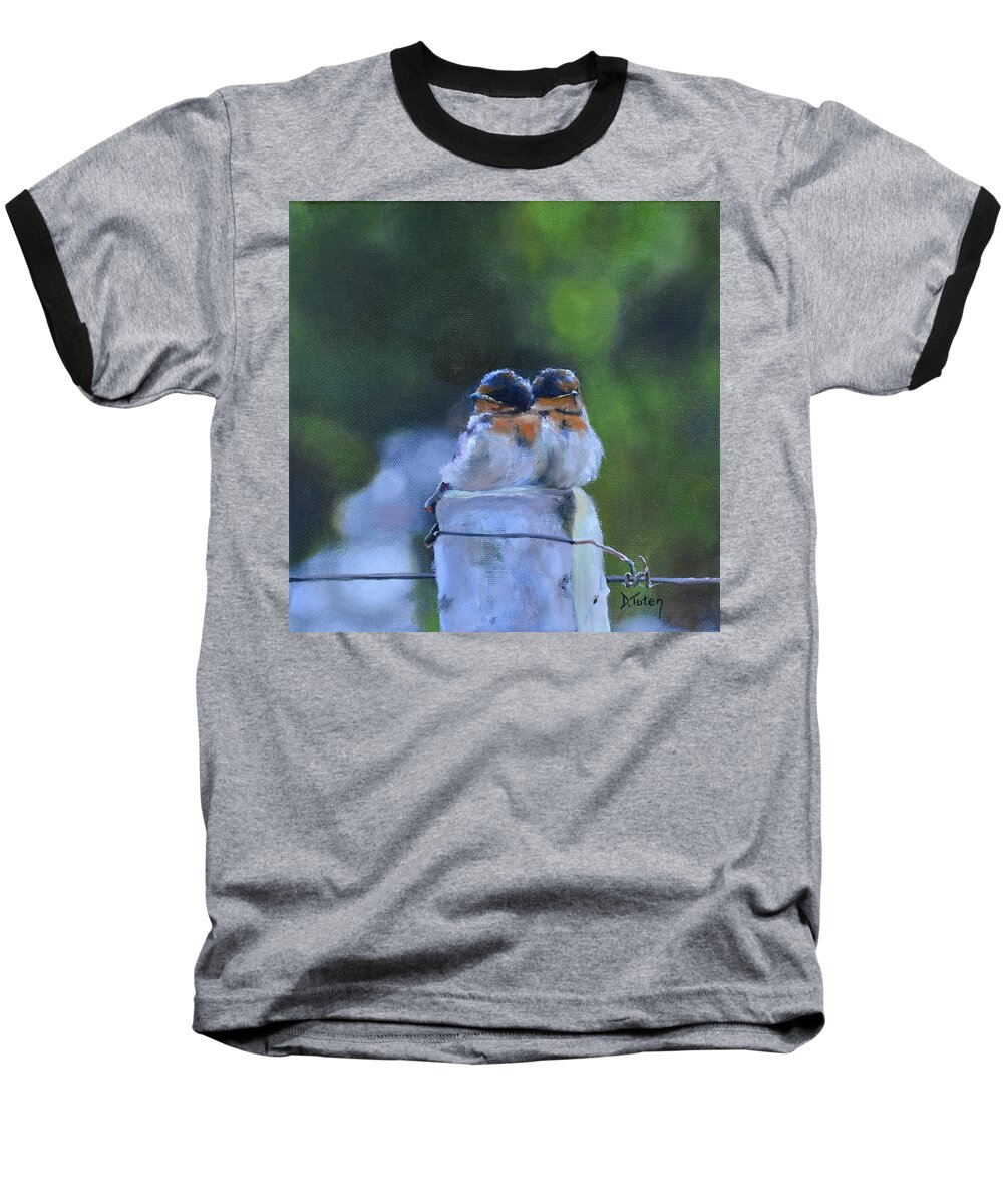 Swallow Baseball T-Shirt featuring the painting Baby Swallows on Post by Donna Tuten