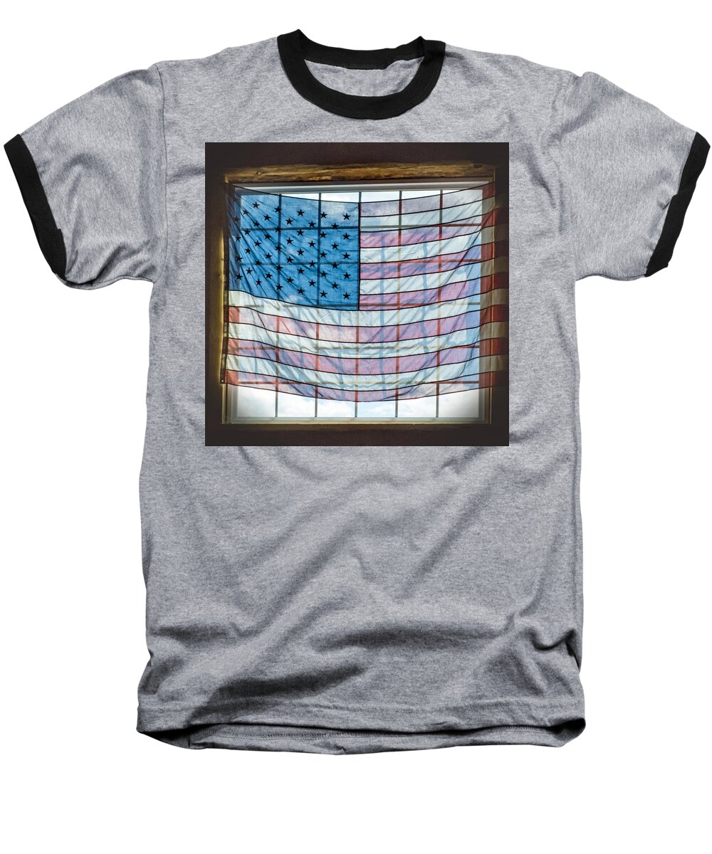 American Flag Baseball T-Shirt featuring the photograph Backlit American Flag by Photographic Arts And Design Studio