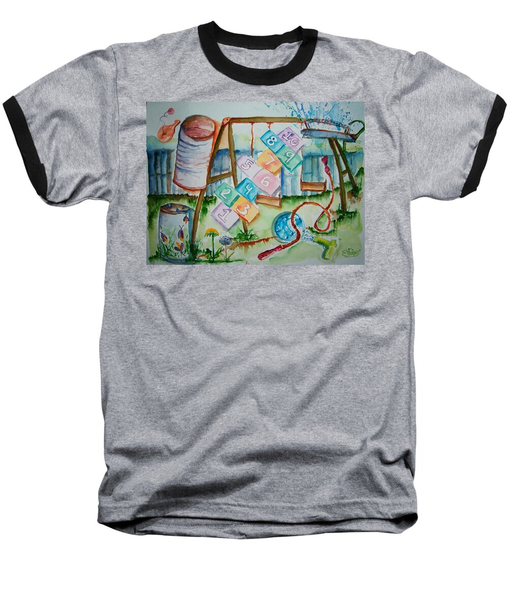 Backyard Baseball T-Shirt featuring the painting Backyard Play Simple Times by Elaine Duras