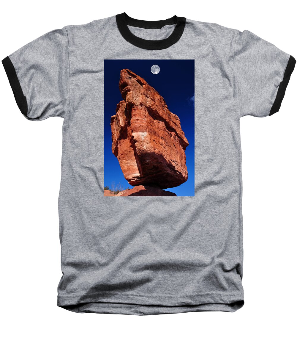 Awe Baseball T-Shirt featuring the photograph Balanced Rock at Garden of the Gods with Moon by John Hoffman