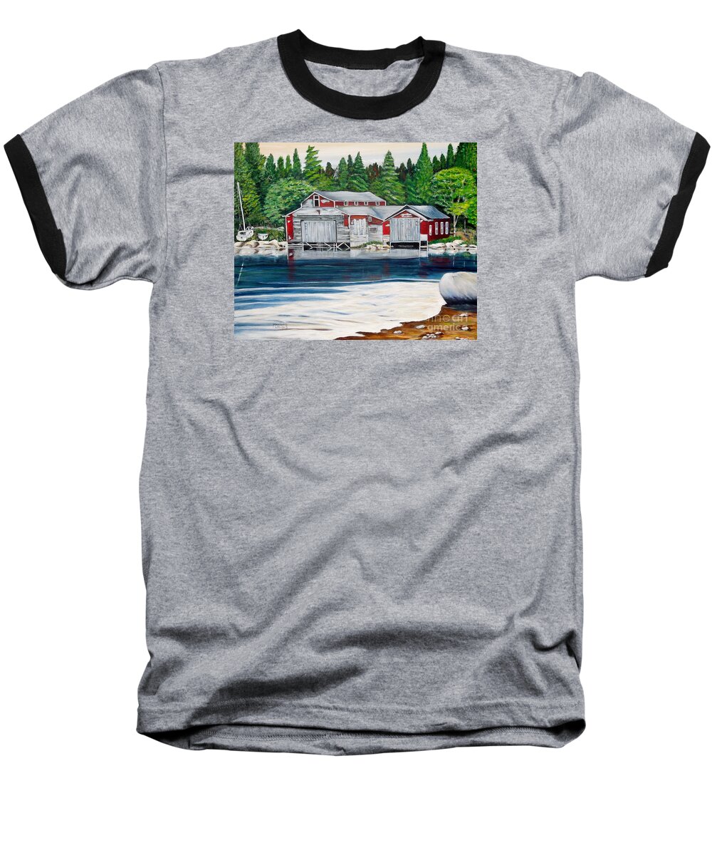 Barkhouse Baseball T-Shirt featuring the painting Barkhouse Boatshed by Marilyn McNish
