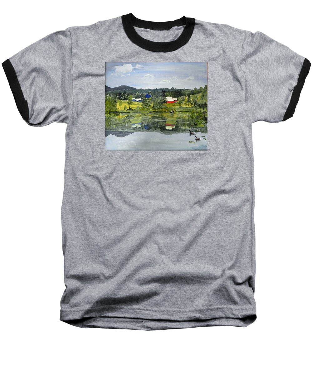 Red Baseball T-Shirt featuring the painting Barn at Little Elk Lake by Christine Lathrop