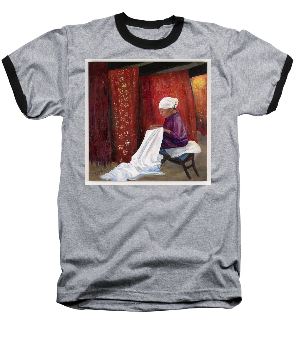 Artwork Baseball T-Shirt featuring the painting Batik Threads by Csilla Florida