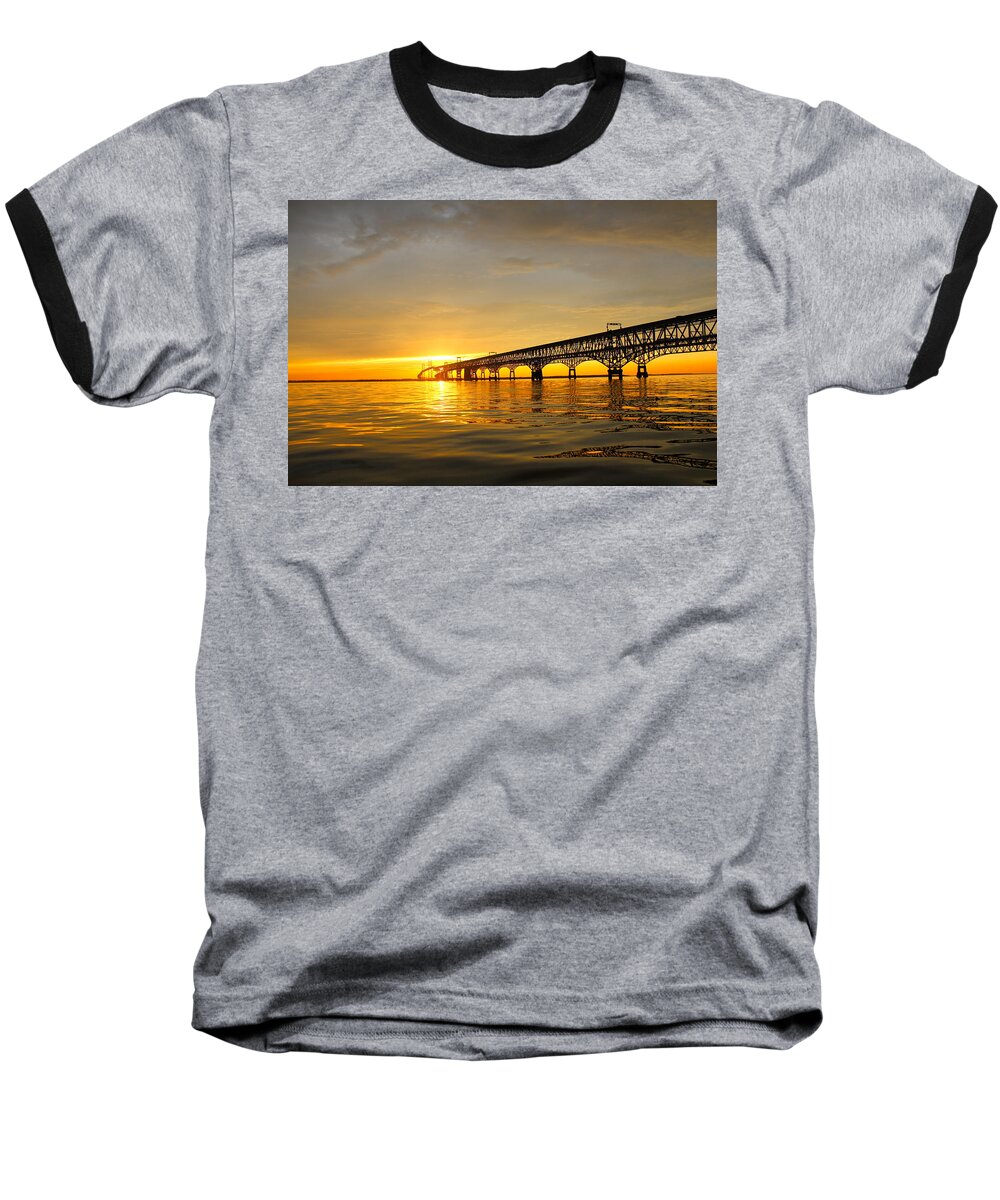 Bay Bridge Baseball T-Shirt featuring the photograph Bay Bridge Sunset Glow by Jennifer Casey