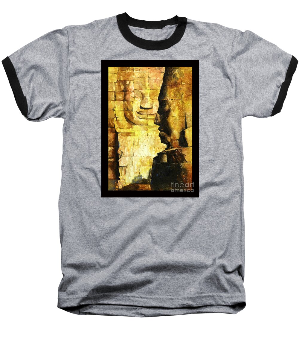 12th Century Architecture Baseball T-Shirt featuring the painting Bayon Khmer temple at Angkor Wat Cambodia by Ryan Fox