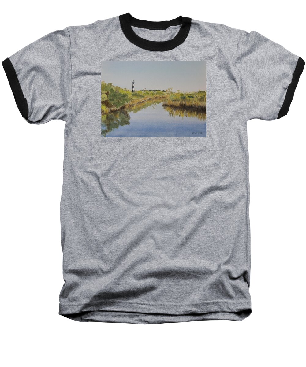 Lighthouse Baseball T-Shirt featuring the painting Beacon on the Marsh by Jill Ciccone Pike