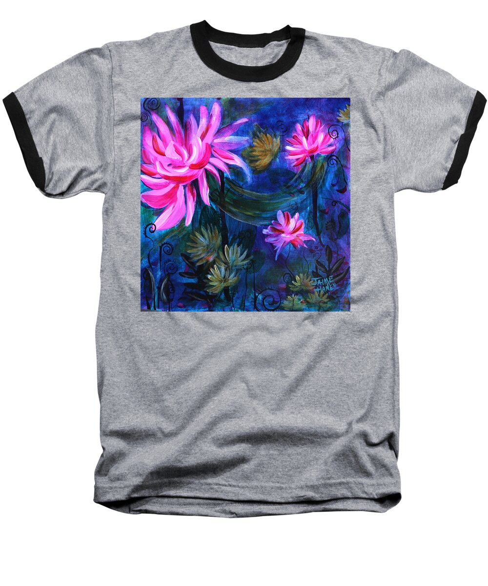 Pink Lotus Flower Baseball T-Shirt featuring the painting Beneath Dark Lotus Waters by Jaime Haney