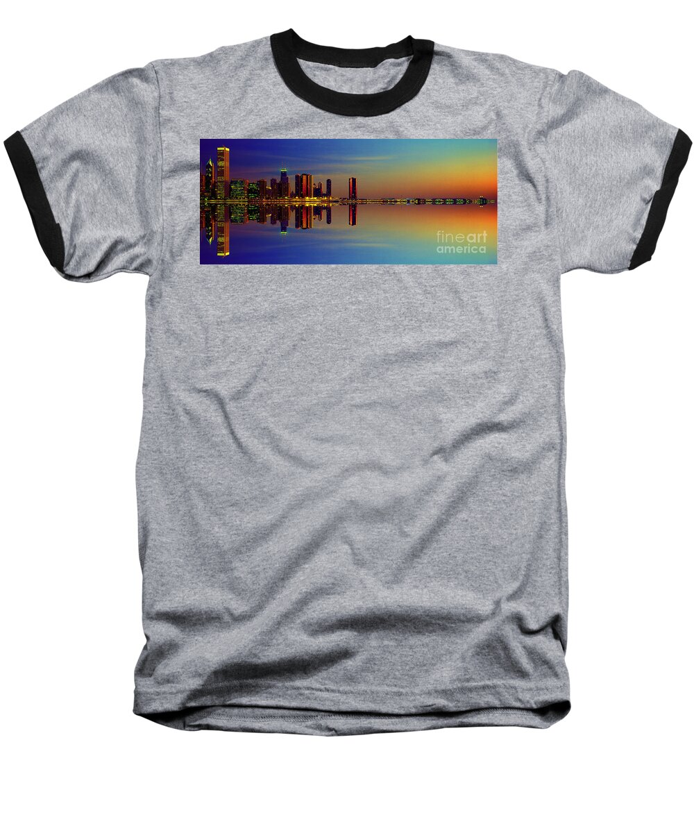 Between Baseball T-Shirt featuring the photograph Between Night and Day chicago skyline mirrored by Tom Jelen