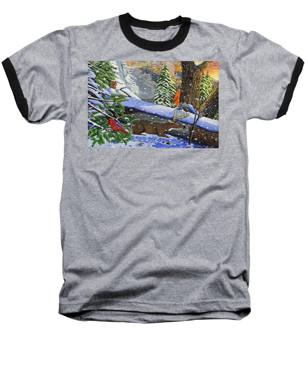 Landscape Deer Hunting Red Bird Hemlock Trees And Old Chestnut Trees Baseball T-Shirt featuring the painting Big timber buck by Carey MacDonald