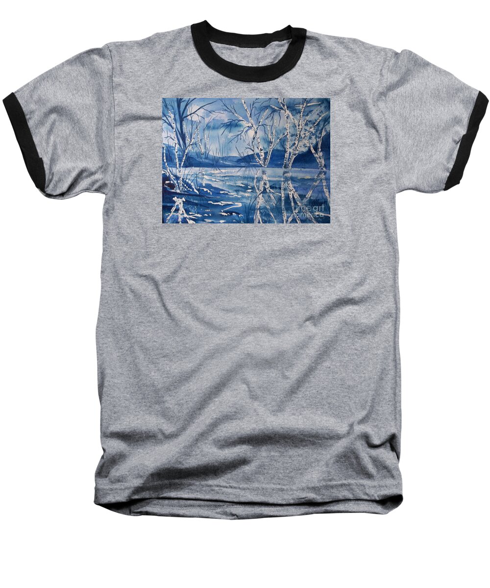 Birch Trees Baseball T-Shirt featuring the painting Birches in Blue by Ellen Levinson