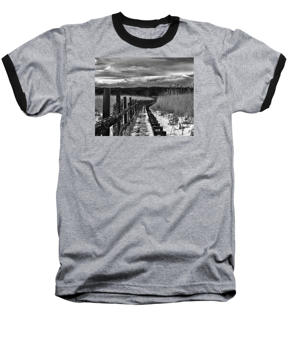 Black And White Baseball T-Shirt featuring the photograph black and White Danger 2 bordway cover with slippery ice by Leif Sohlman