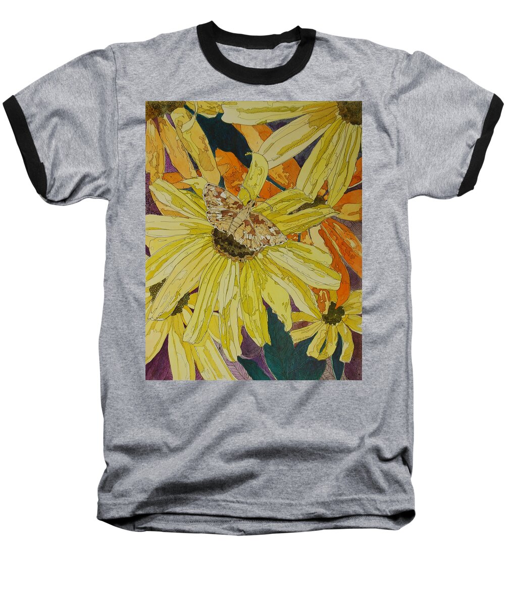Blackeyed Susan Baseball T-Shirt featuring the mixed media Blackeyed Susans and Butterfly by Terry Holliday