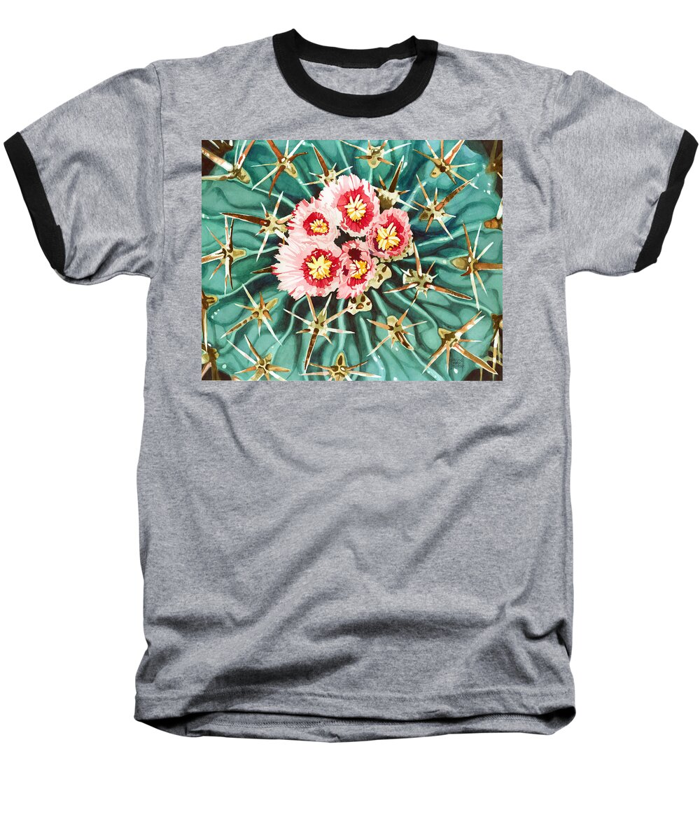 Cactus Baseball T-Shirt featuring the painting Bloomin' Horse Crippler Cactus by Pauline Walsh Jacobson