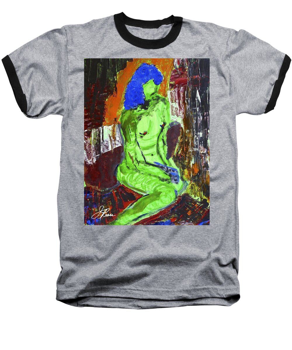 Nude Female Baseball T-Shirt featuring the painting Blue Haired Nude by Joan Reese