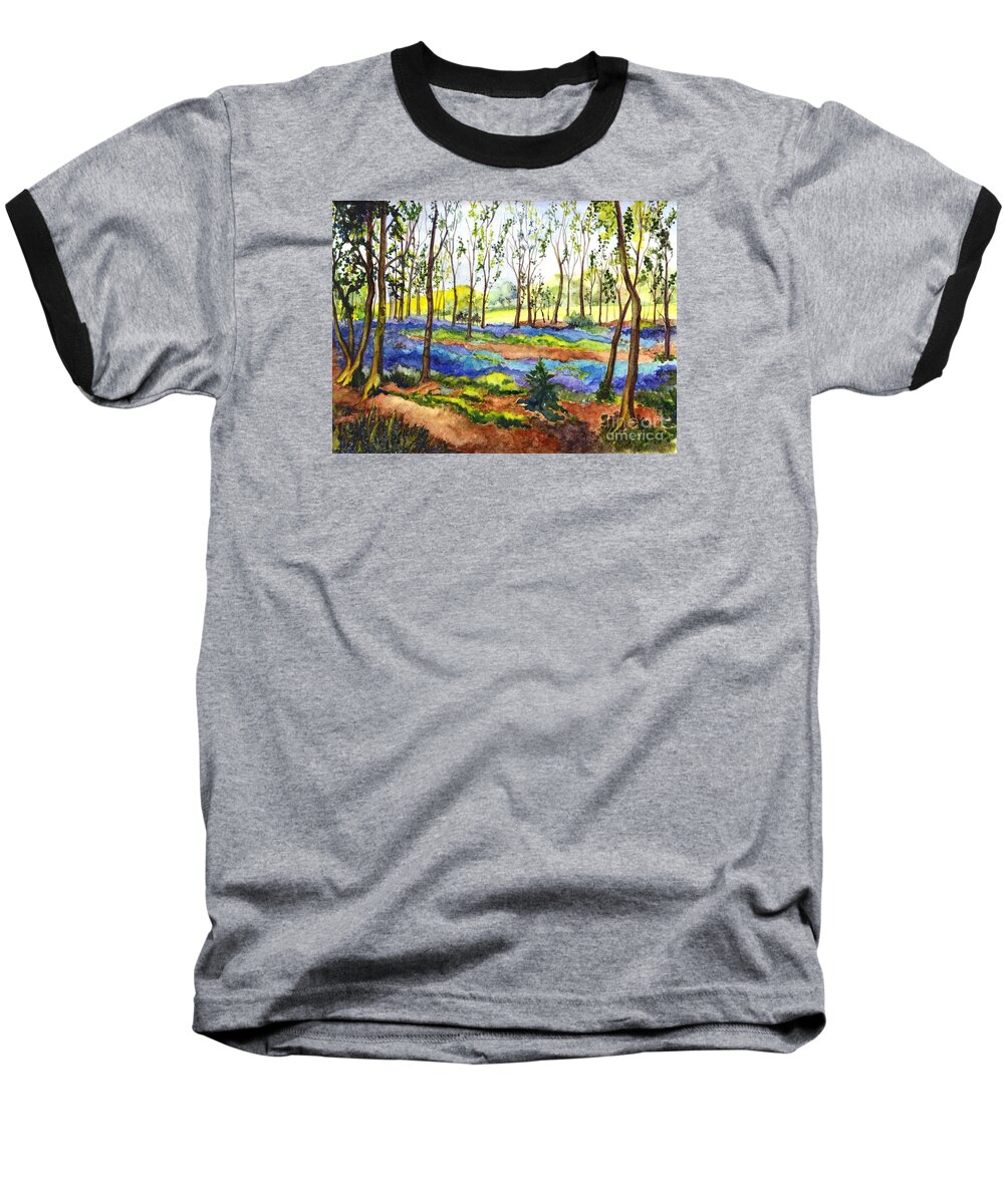  Flowers Baseball T-Shirt featuring the painting Bluebell Woods by Carol Wisniewski