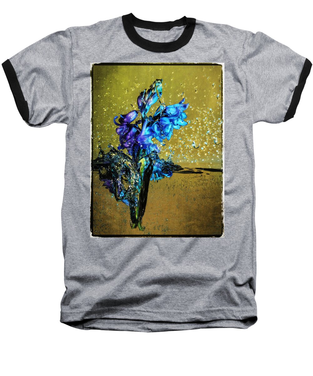 Blue Bell Baseball T-Shirt featuring the mixed media Bluebells in water splash by Peter V Quenter