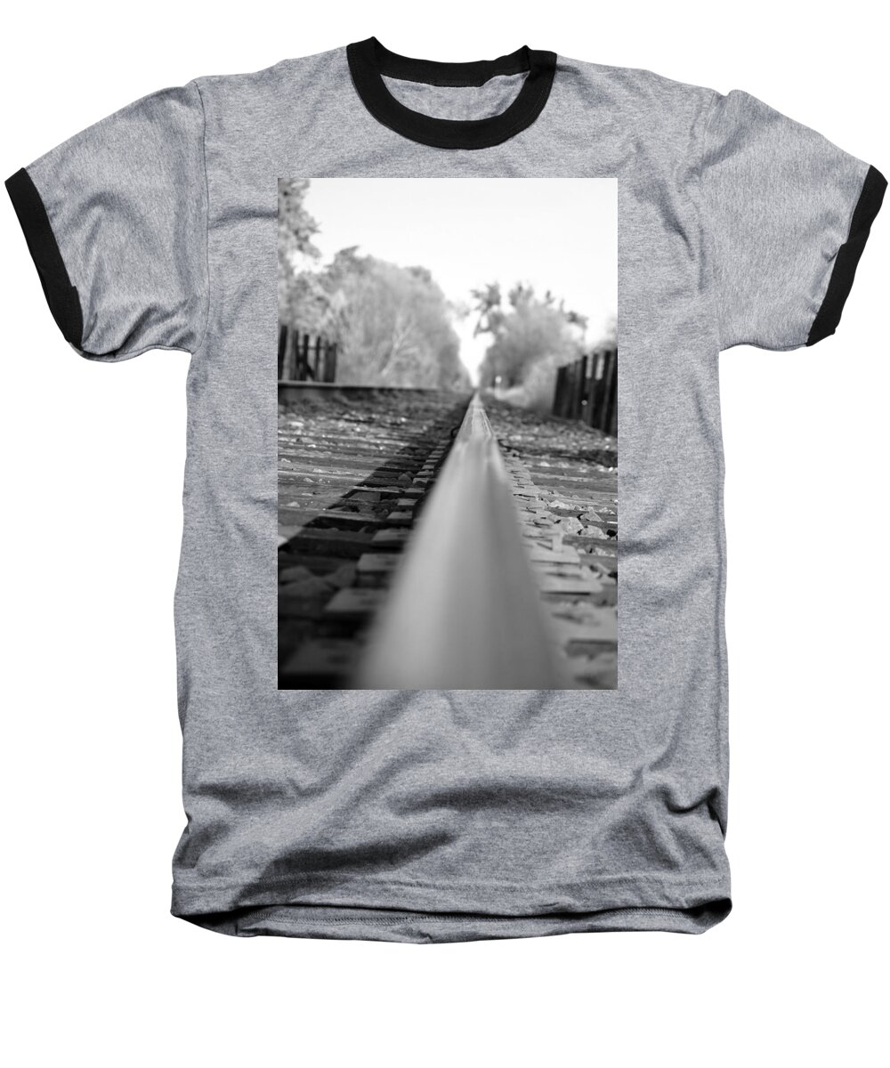 Blurred Track Rail Lines Railroad Orchard Vina Ca Baseball T-Shirt featuring the photograph Blurred Track by Holly Blunkall