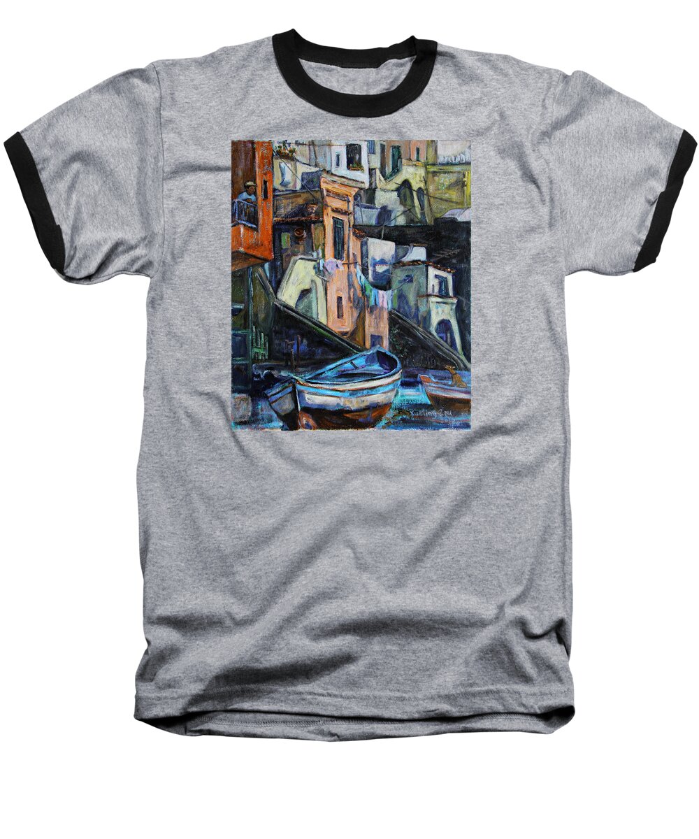 Scenery Baseball T-Shirt featuring the painting Boats in front of the Buildings I by Xueling Zou