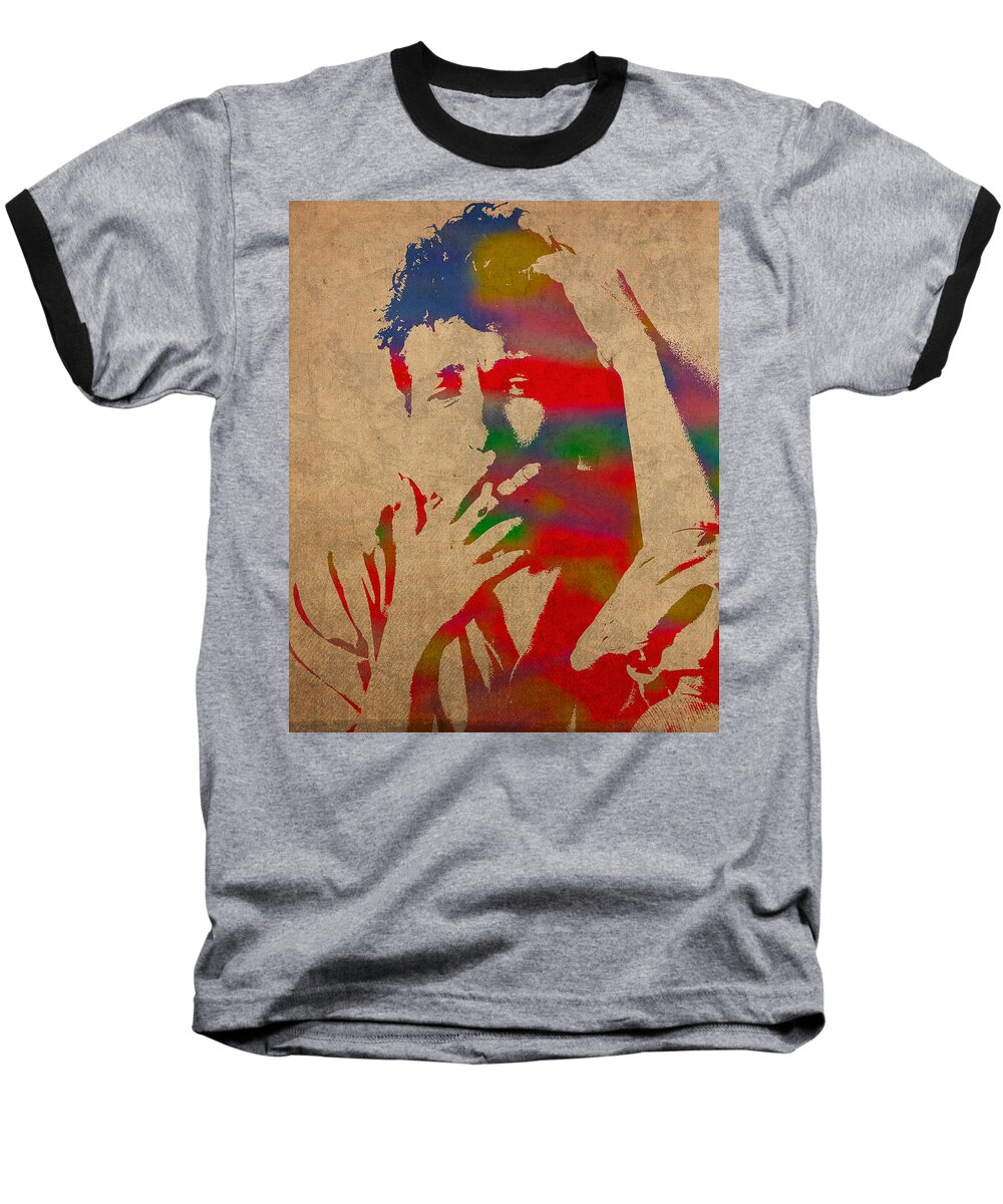 Bob Dylan Watercolor Portrait On Worn Distressed Canvas Baseball T-Shirt featuring the mixed media Bob Dylan Watercolor Portrait on Worn Distressed Canvas by Design Turnpike