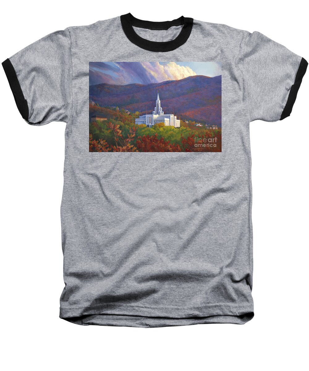 Bountiful Temple Baseball T-Shirt featuring the painting Bountiful Temple in the mountains by Robert Corsetti