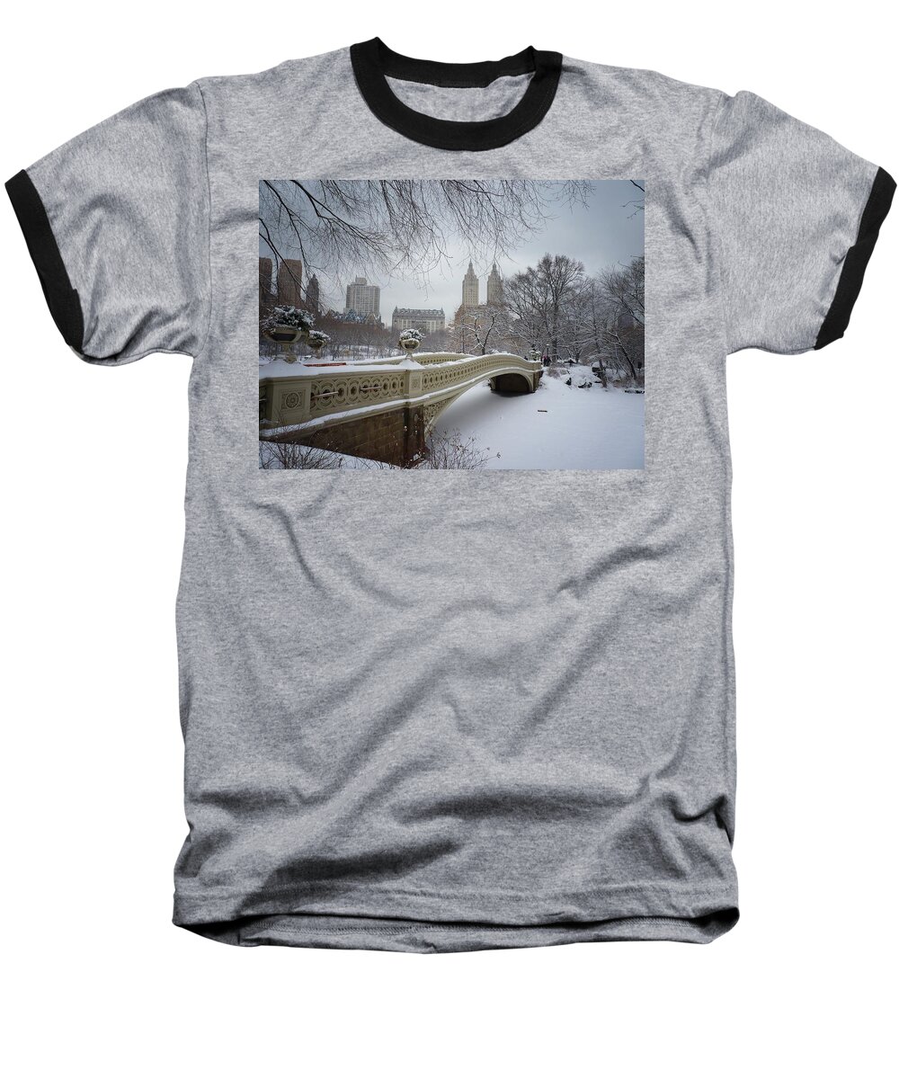 Landscape Baseball T-Shirt featuring the photograph Bow Bridge Central Park in Winter by Vivienne Gucwa