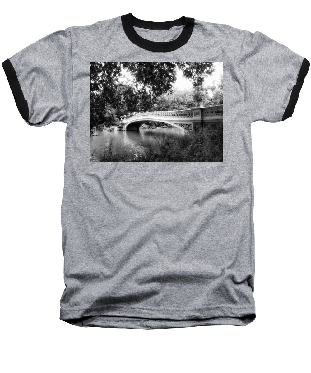 Bridge Baseball T-Shirt featuring the photograph Bow Bridge in Black and White by Jessica Jenney