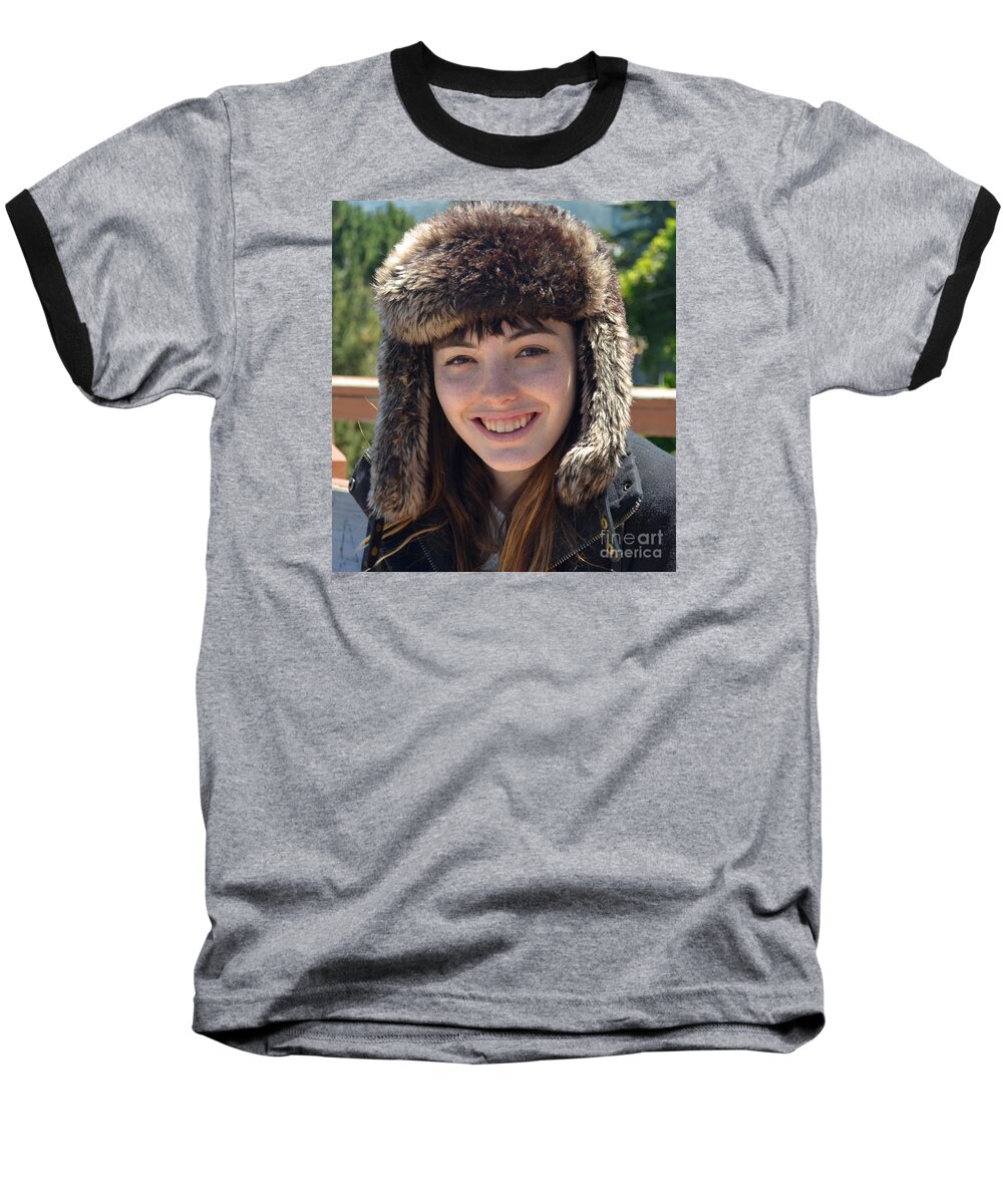 Brown Haired Baseball T-Shirt featuring the photograph Brown Haired and Freckle Faced Natural Beauty Model Wearing a Hat by Jim Fitzpatrick