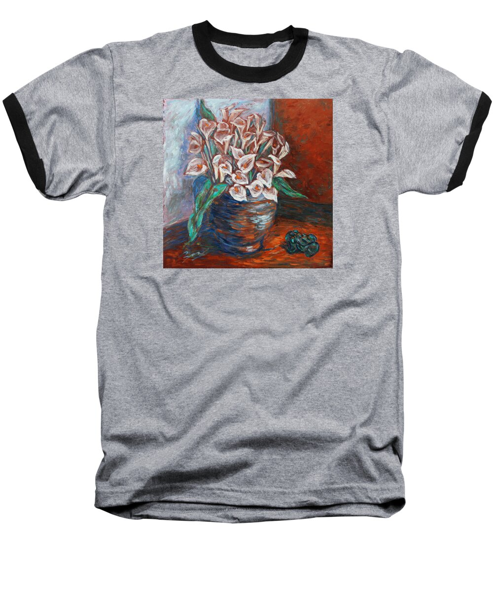 Zantedeschia Genus Baseball T-Shirt featuring the painting Calla Lilies and Frog by Xueling Zou