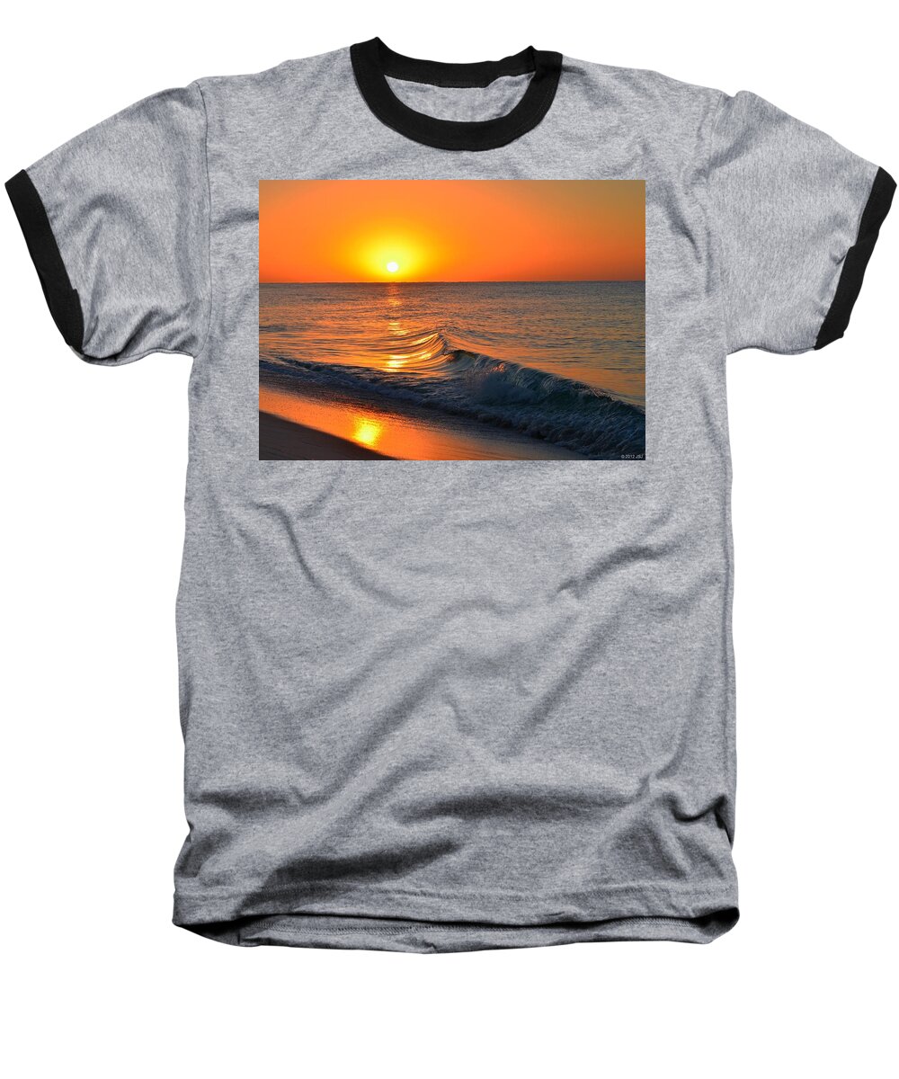 Calm Baseball T-Shirt featuring the photograph Calm and Clear Sunrise on Navarre Beach with Small Perfect Wave by Jeff at JSJ Photography