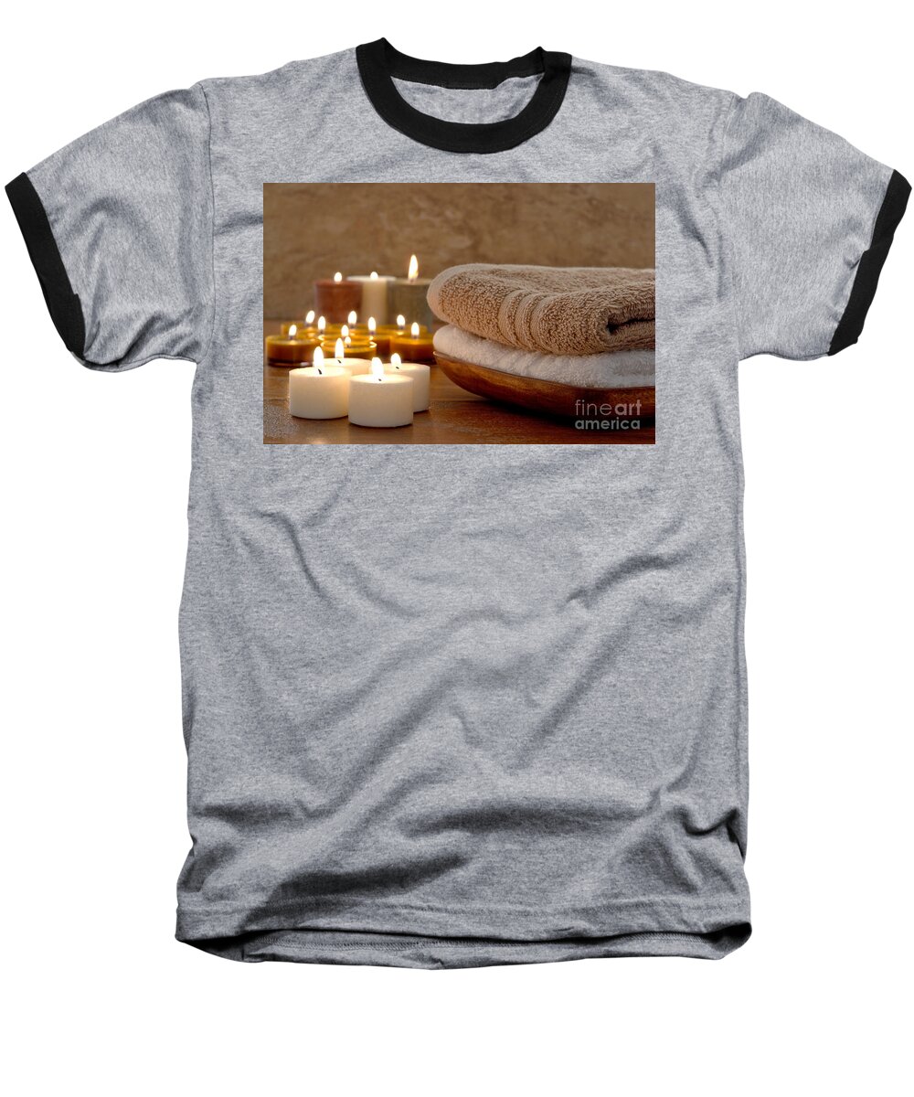 Spa Baseball T-Shirt featuring the photograph Candles and Towels in a Spa by Olivier Le Queinec