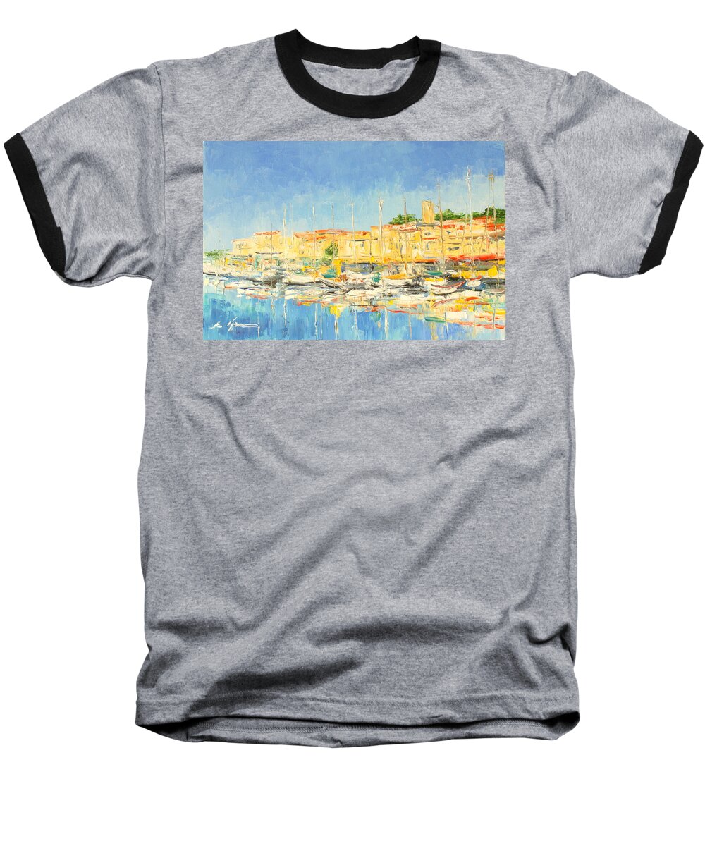 Cannes Baseball T-Shirt featuring the painting Cannes harbour by Luke Karcz