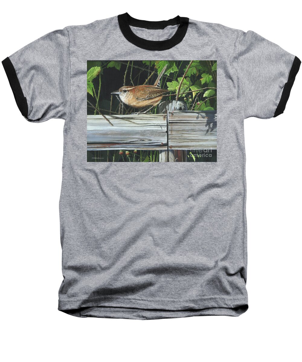 Carolina Wren Baseball T-Shirt featuring the painting Carolina Wren by Mike Brown