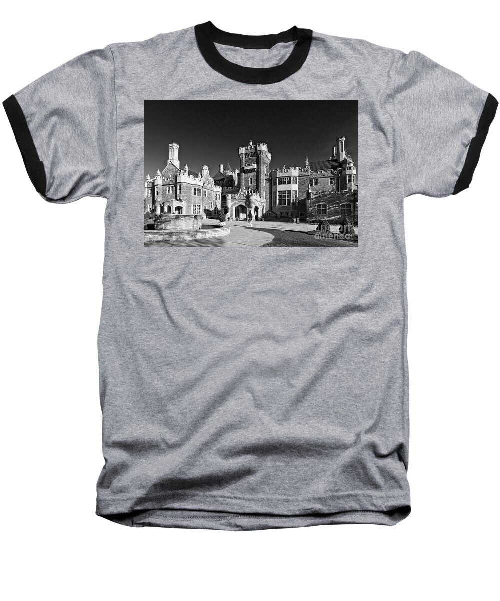 Casa Loma Baseball T-Shirt featuring the photograph Casa Loma in Toronto in Black and White by Les Palenik