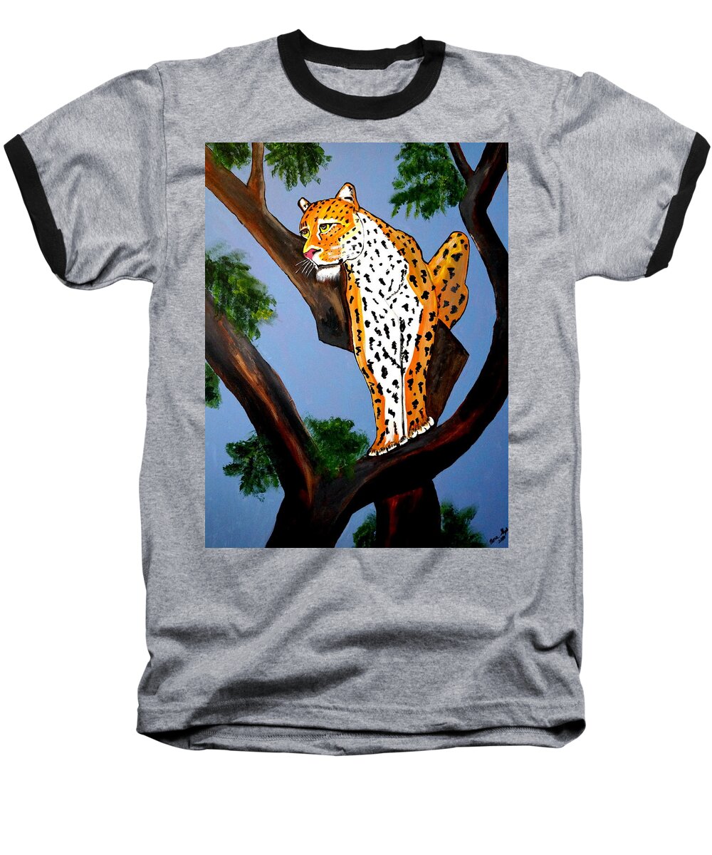Cat On A Hot Wood Tree Baseball T-Shirt featuring the painting Cat On A Hot Wood Tree by Nora Shepley